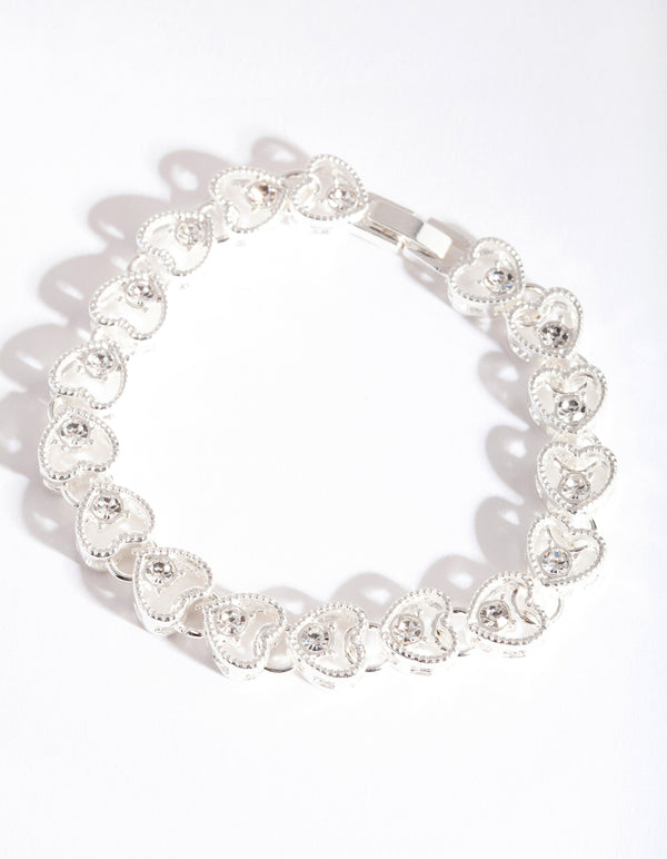 Silver Diamante Heart Link Bracelet