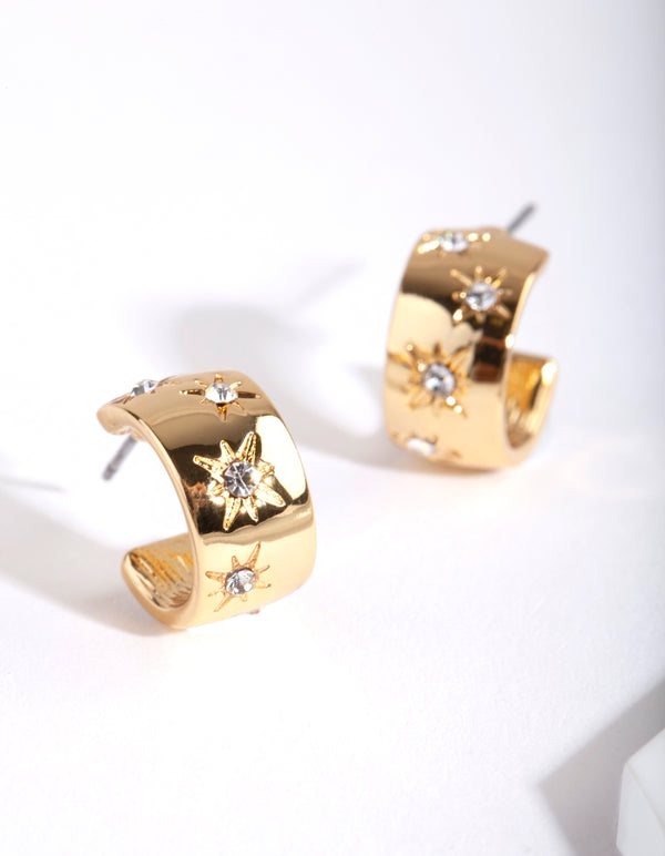 Gold Plated Diamante Starburst Huggie Earrings