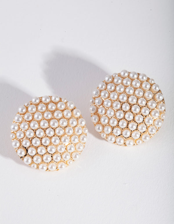Gold Pearl Round Disk Stud Earrings