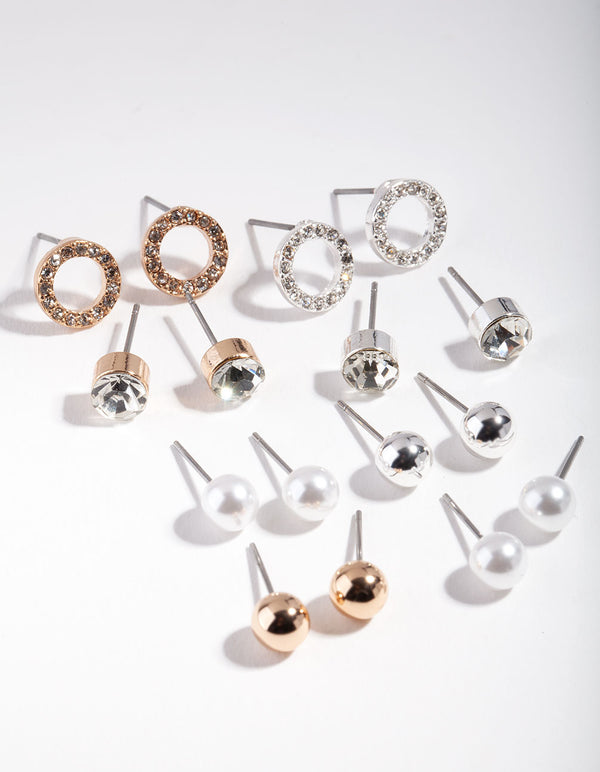 Mixed Metal Circle Pearl Diamante Earring 8-Pack