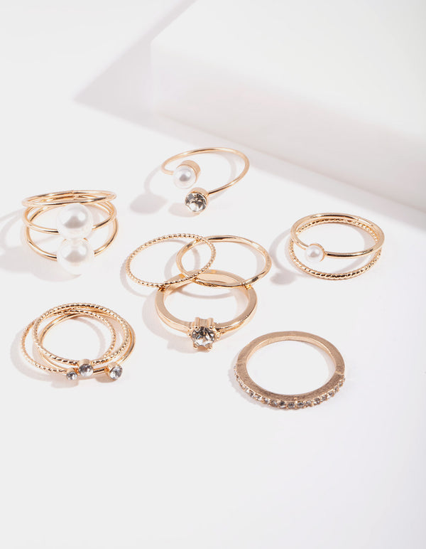 Gold Pearl Diamante Ring 10-Pack