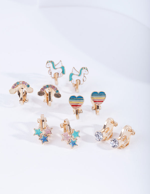 Kids Gold Rainbow Clip Earring 5-Pack