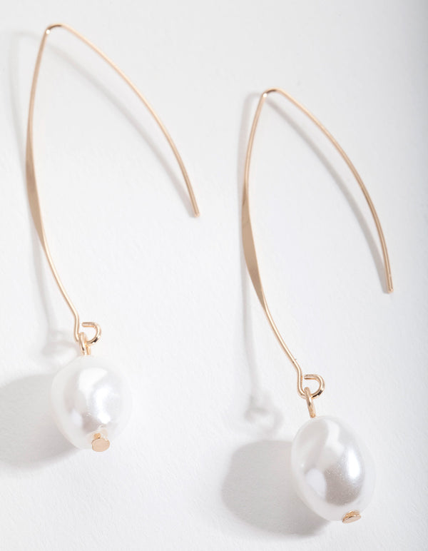 Gold Pearl Curved Thread Through Drop Earrings