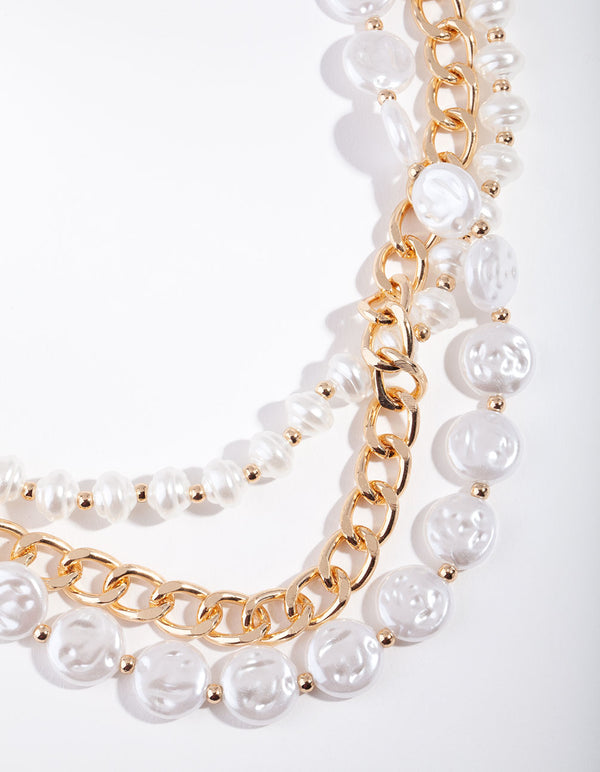 Gold Layered Pearl & Chain Necklace