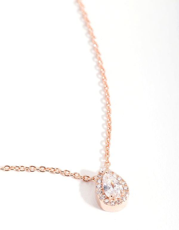 Rose Gold Plated Sterling Silver Cubic Zirconia Pear Halo Necklace - Lovisa