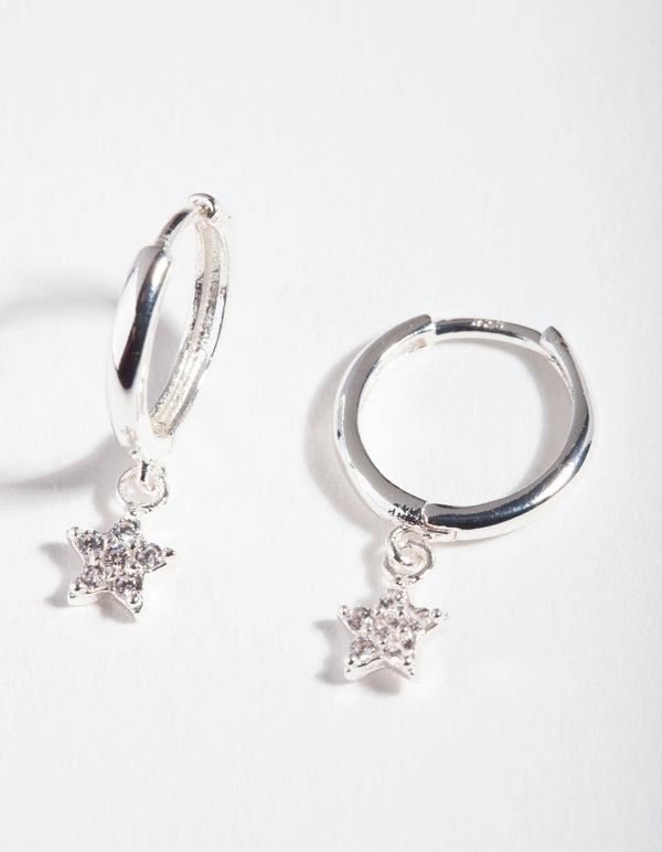 Sterling Silver Diamante Star Huggie Earrings