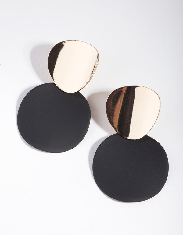 Gold Black Curved Disc Stud Earrings