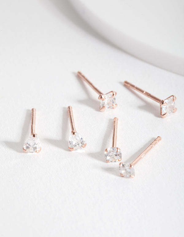 Rose Gold Plated Sterling Silver Cubic Zirconia Stud Earring Pack