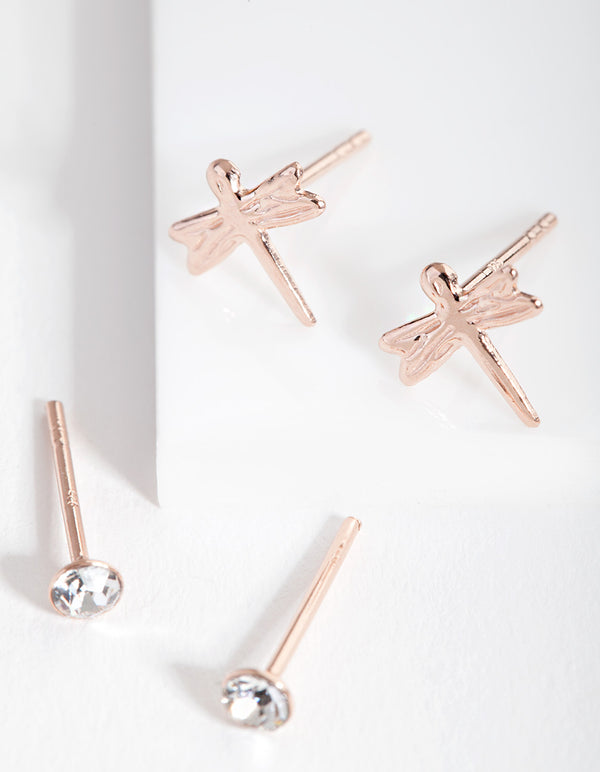 Rose Gold Plated Sterling Silver Dragonfly Stud Earring Pack