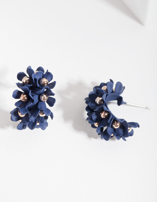 Blue Mini Cluster Flower Hoop Earrings