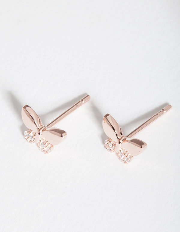 Rose Gold Plated Sterling Silver Half Pave Butterfly Stud Earrings