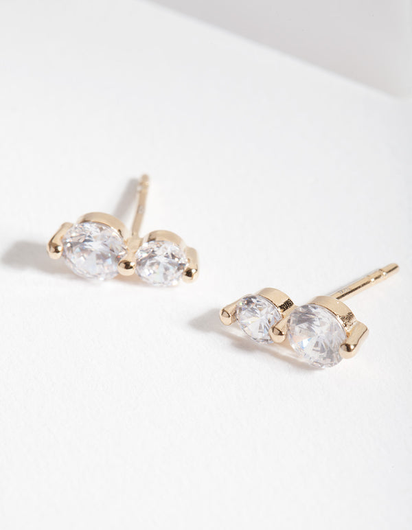 Gold Plated Sterling Silver Double Crystal Stud Earrings