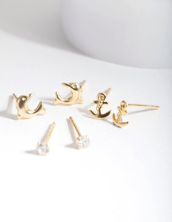Gold Plated Sterling Silver Dolphin Stud Earring Pack