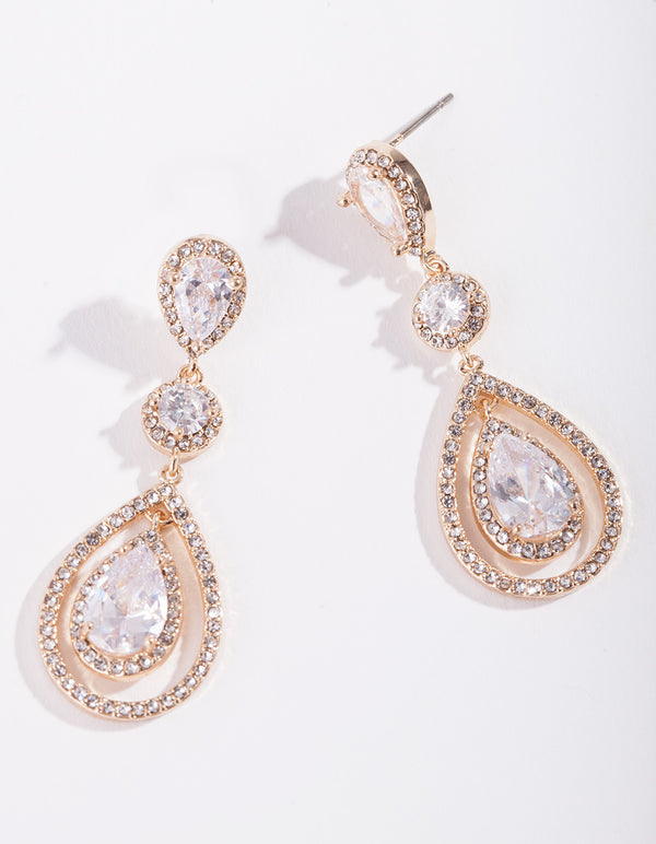 Gold Diamond Simulant Multi Drop Earrings