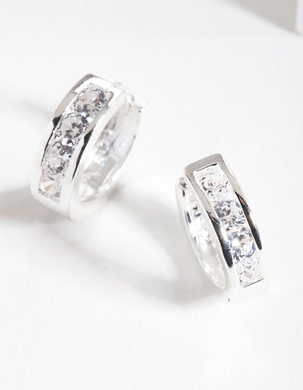 Silver Diamante Inlay Huggie Earrings