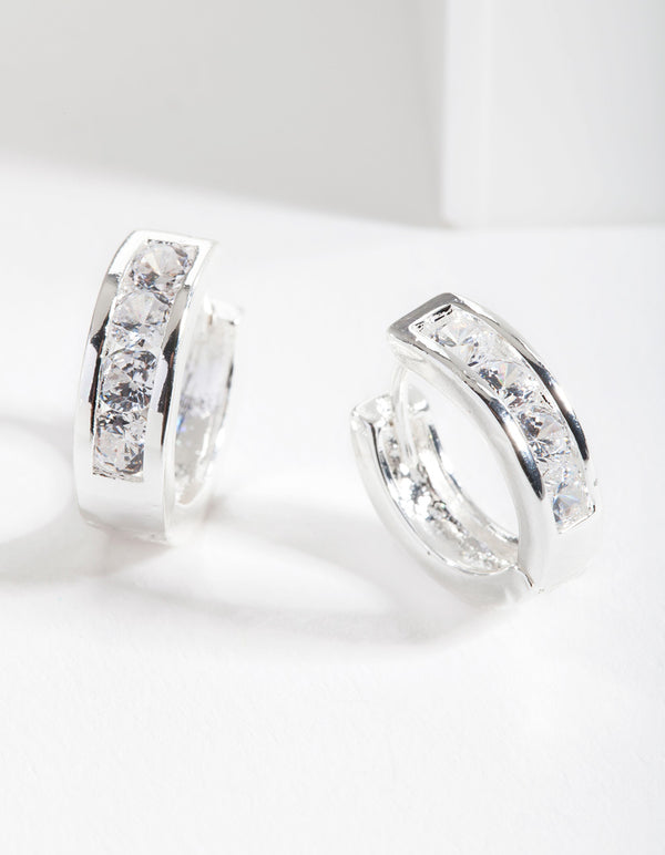 Silver Diamante Inlay Huggie Earrings