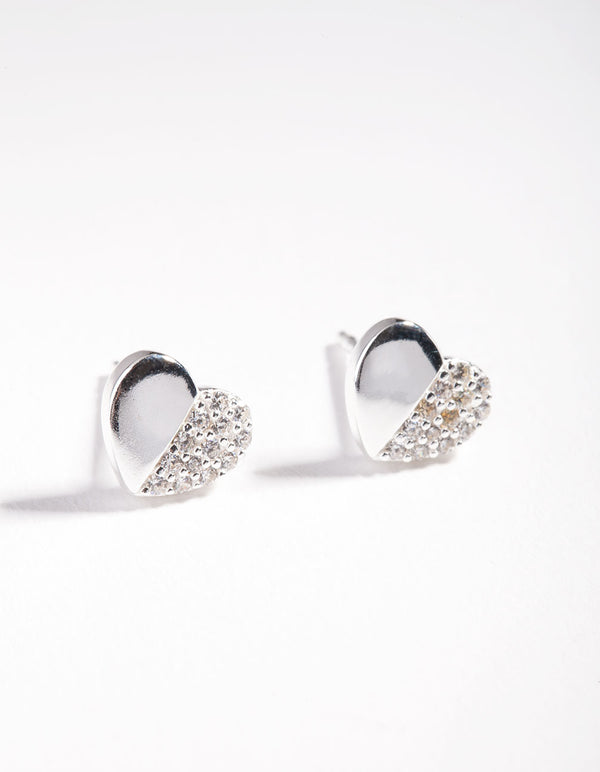 Sterling Silver Half Pave Heart Stud Earrings