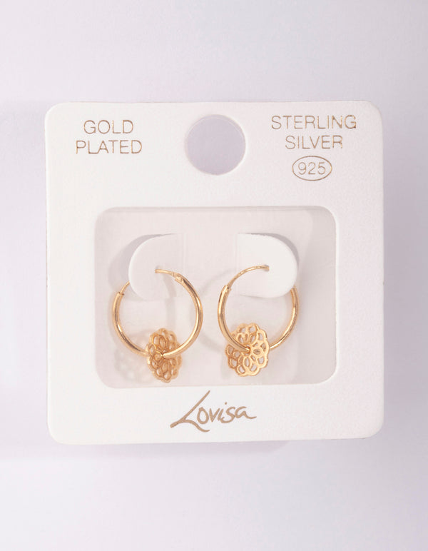 Gold Plated Sterling Silver Filigree Disc Hoop Earrings