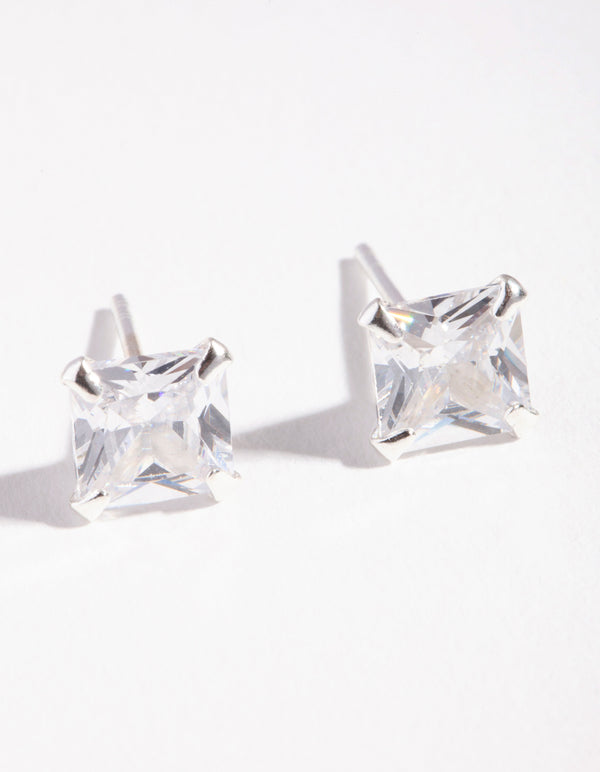 Sterling Silver Cubic Zirconia 4-Claw Square Stud Earrings