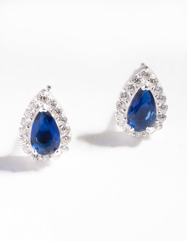 Sterling Silver Cubic Zirconia Blue Pear Halo Stud Earrings