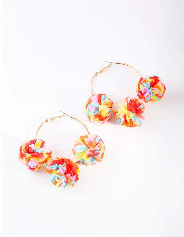 Multicoloured Pom Pom Hoop Earrings