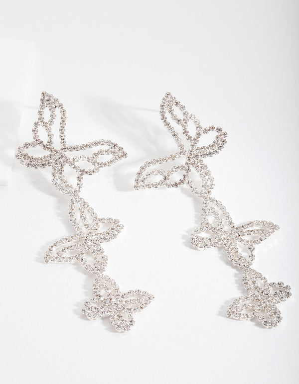 Silver Triple Butterfly Diamante Earrings