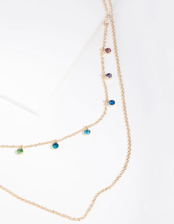 Gold Mini Rainbow Diamante Layered Necklace