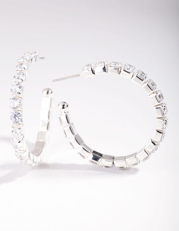 Silver Cubic Zirconia Medium Hoop Earrings