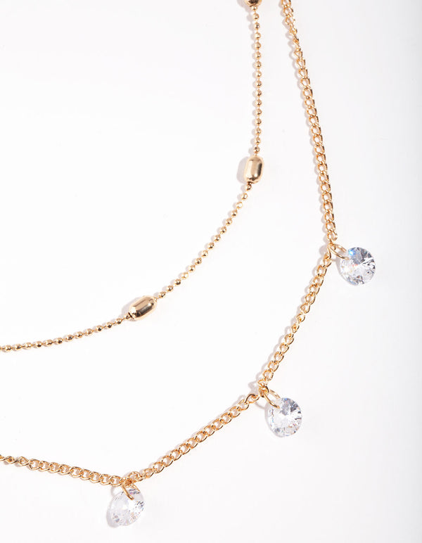 Gold Cubic Zirconia Droplet 2 Row Necklace