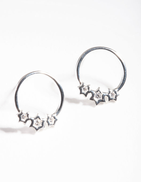 Sterling Silver Diamante Star Circle Stud Earrings