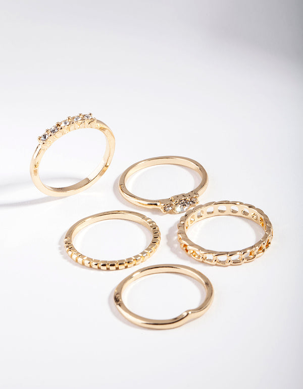 Gold Diamante & Chain Ring 5-Pack