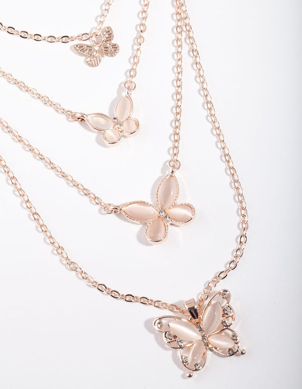 Rose Gold Bead & Butterfly 4 Row Necklace