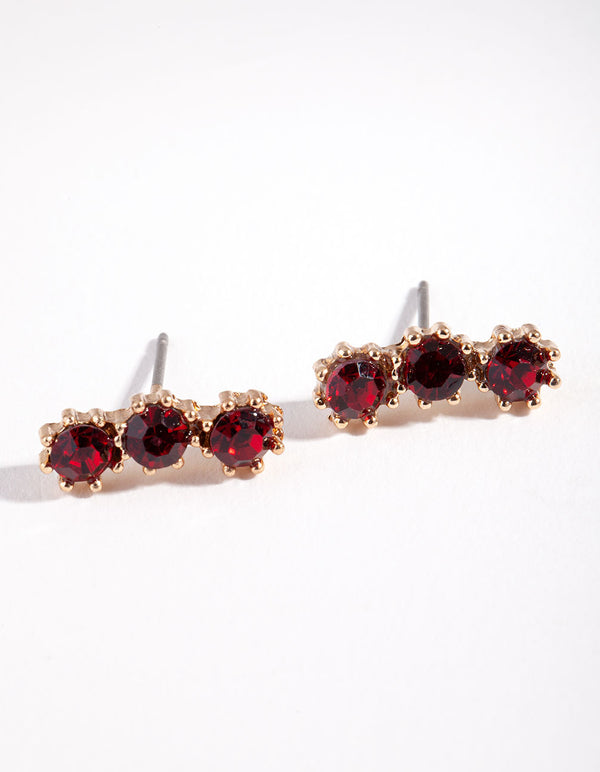 Gold Triple Red Stone Stud Earrings