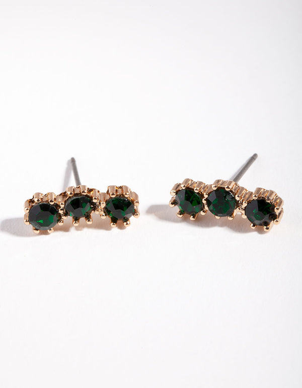 Gold Triple Green Stone Stud Earrings