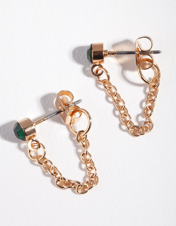 Gold Green Stone Chain Stud Earrings