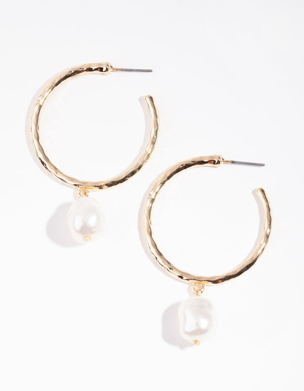 Gold Hammered Pearl Hoop Earrings