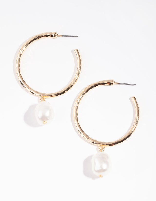 Gold Hammered Pearl Hoop Earrings - Lovisa