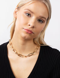 Gold Plated Large Rectangle Link Chain Necklace - link has visual effect only