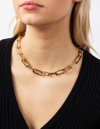 Gold Plated Large Rectangle Link Chain Necklace - link has visual effect only