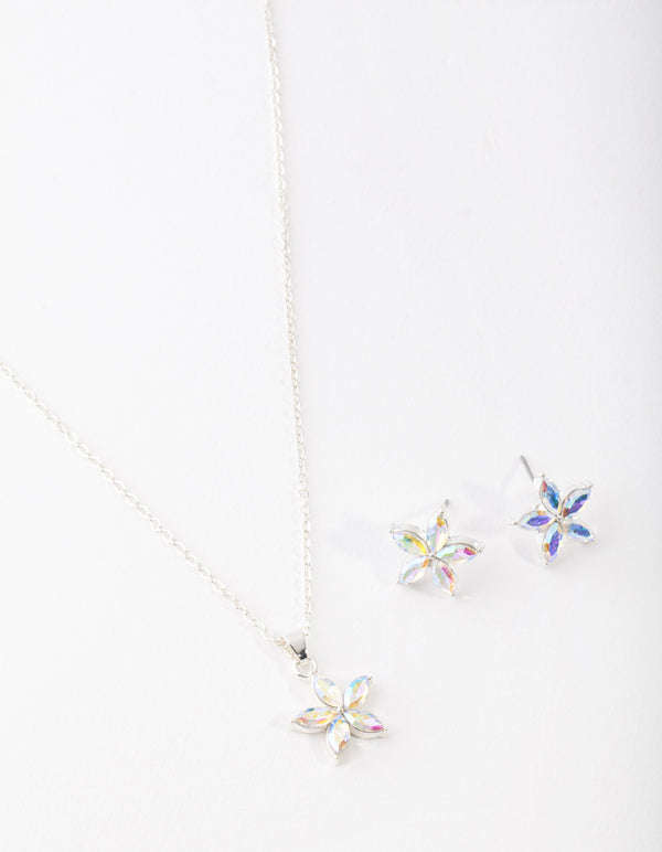 Silver Flower Earrings & Necklace Set