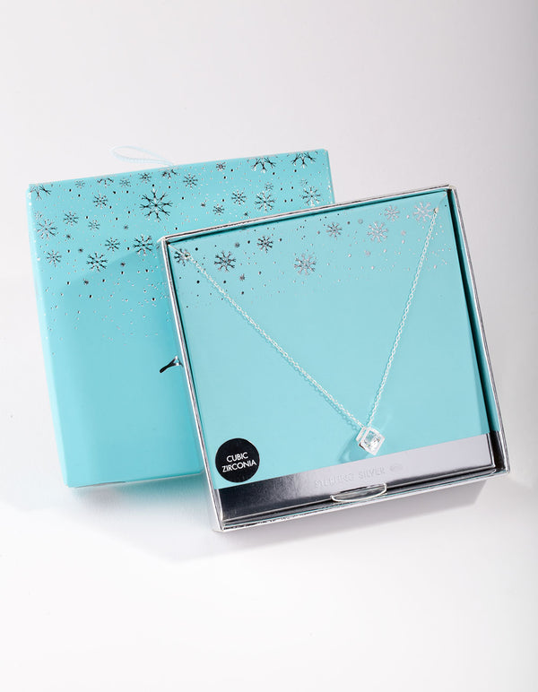 Sterling Silver Cubic Zirconia Cube Necklace