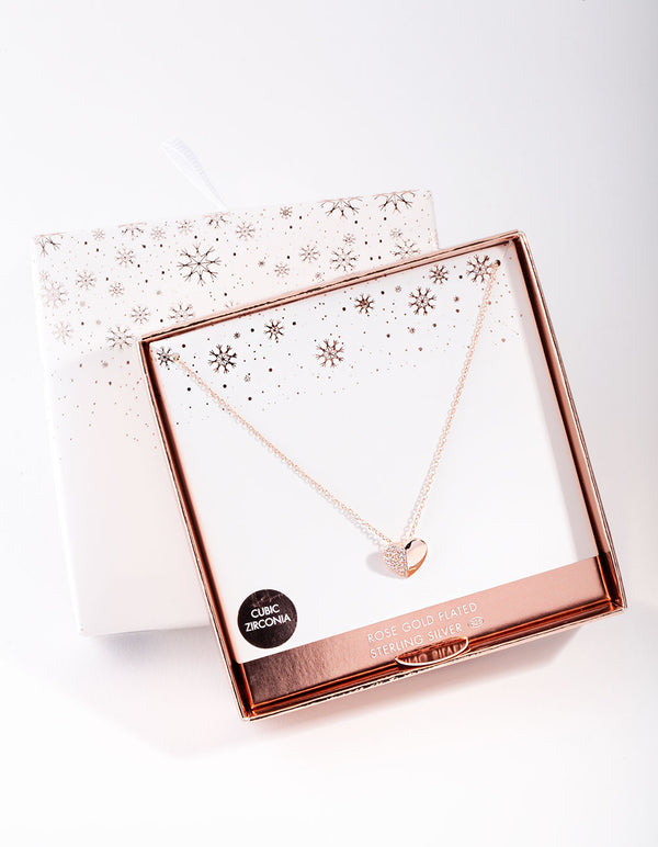 Rose Gold Plated Sterling Silver Half Pave Heart Necklace