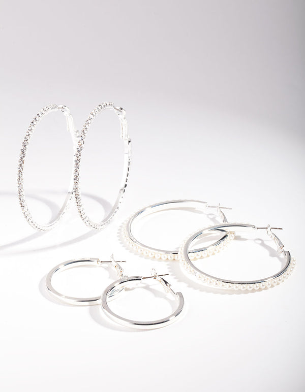Rhodium Diamante & Pearl Hoop Earring Pack