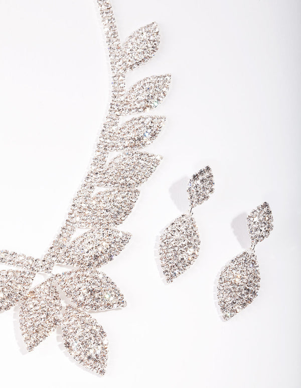 Silver Single Leaf Diamante Earrings & Necklace Set