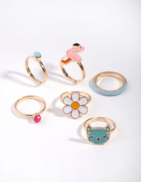 Kids Gold Cat & Flower Ring 6-Pack - link has visual effect only