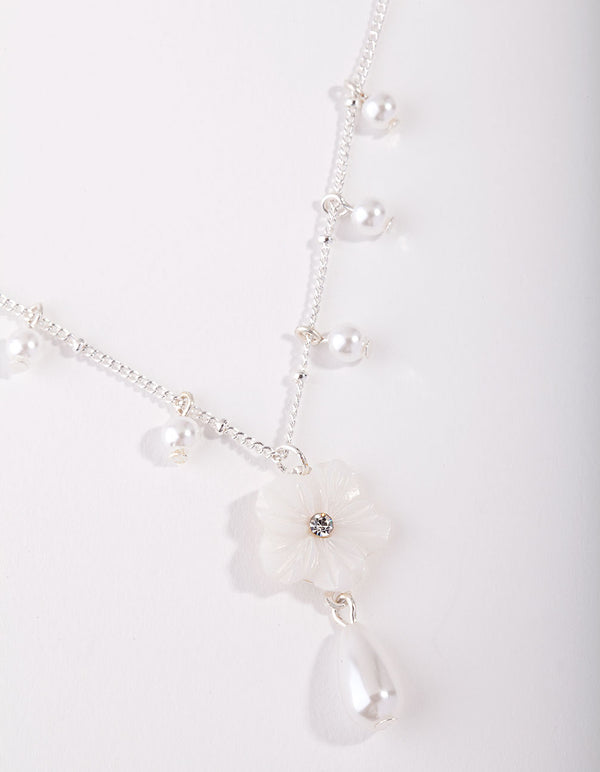 Silver Pearl Flower Chain Necklace