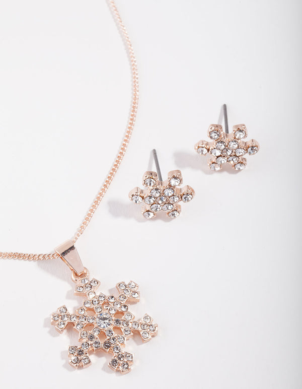 Rose Gold Diamante Snowflake Necklace & Earrings