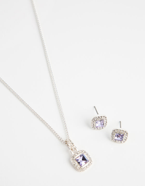 Silver Square Cut Diamante Necklace & Earrings Set