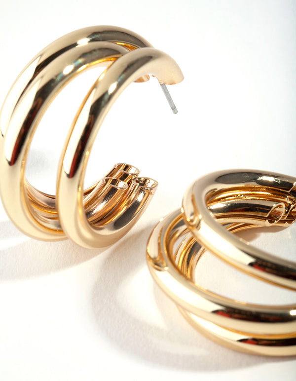 Gold 3-Row Hoop Earrings