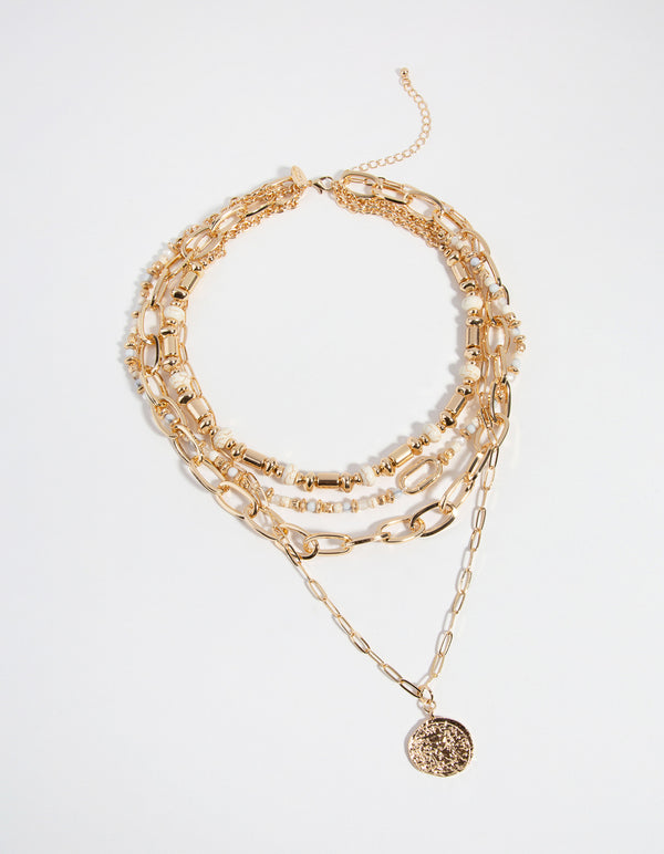 Gold Chain & Bead 4 Row Necklace